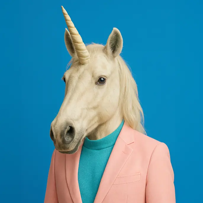 Professional unicorn portrait in pink suit jacket