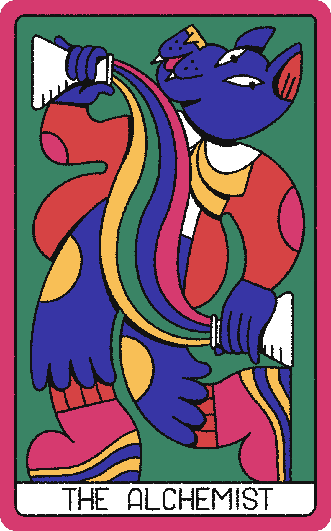 The Alchemist card: a blue cat-like figure holding a paintbrush with rainbow colors flowing