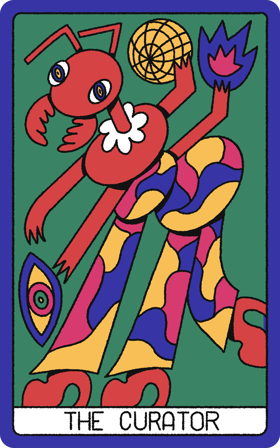 The Curator card: a red abstract figure with antennae juggling objects including a golden orb and blue flower