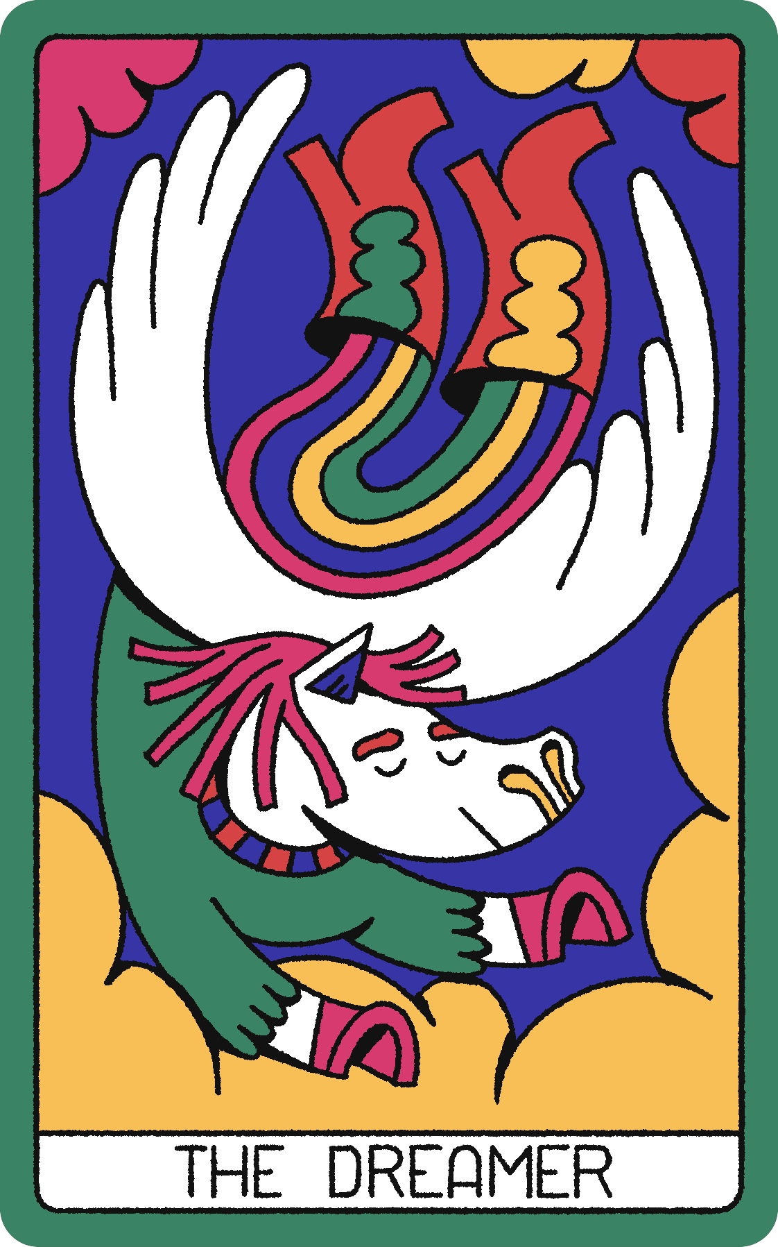 The Dreamer card: a white figure with pink hair and closed eyes, hands raised holding a colorful magnet