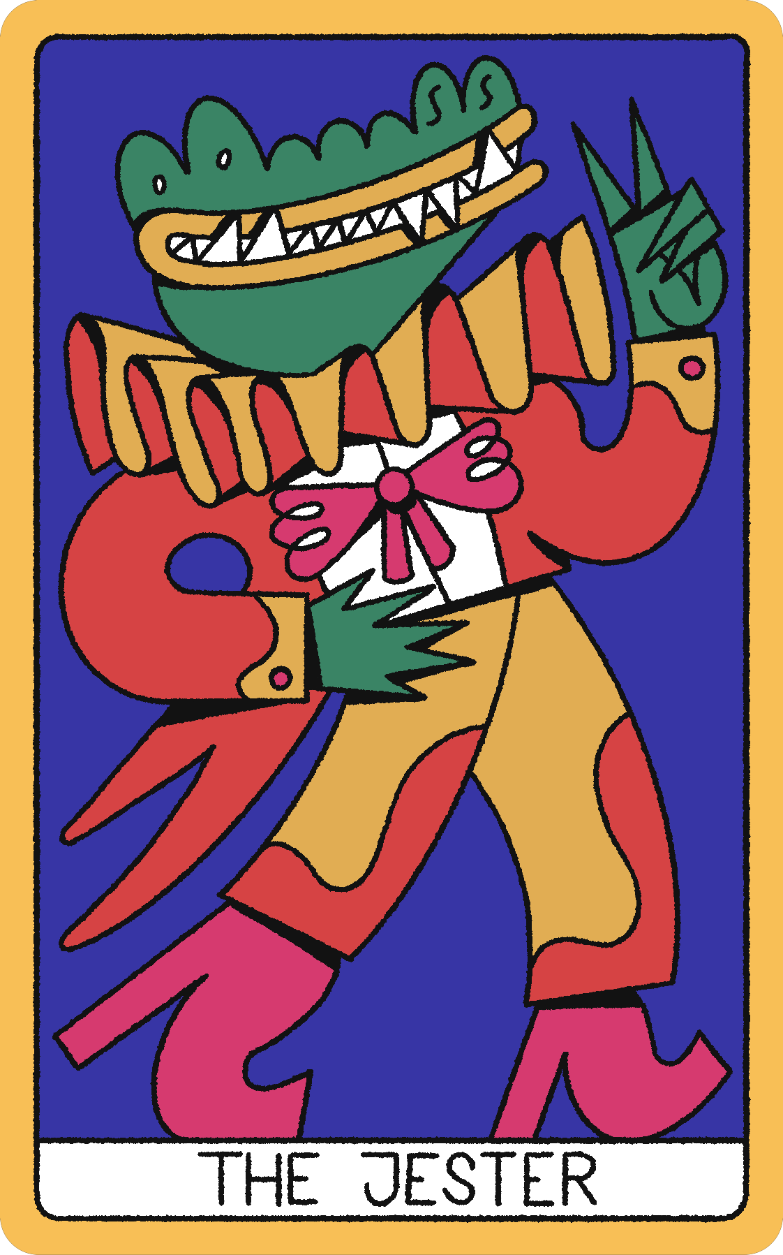 The Jester card: a green-headed figure with fangs playing a drum, wearing colorful attire on a blue background