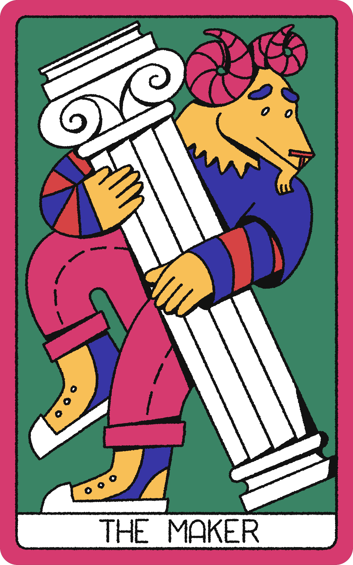 The Maker card: a yellow ram-like figure with pink curled horns embracing a classical white column