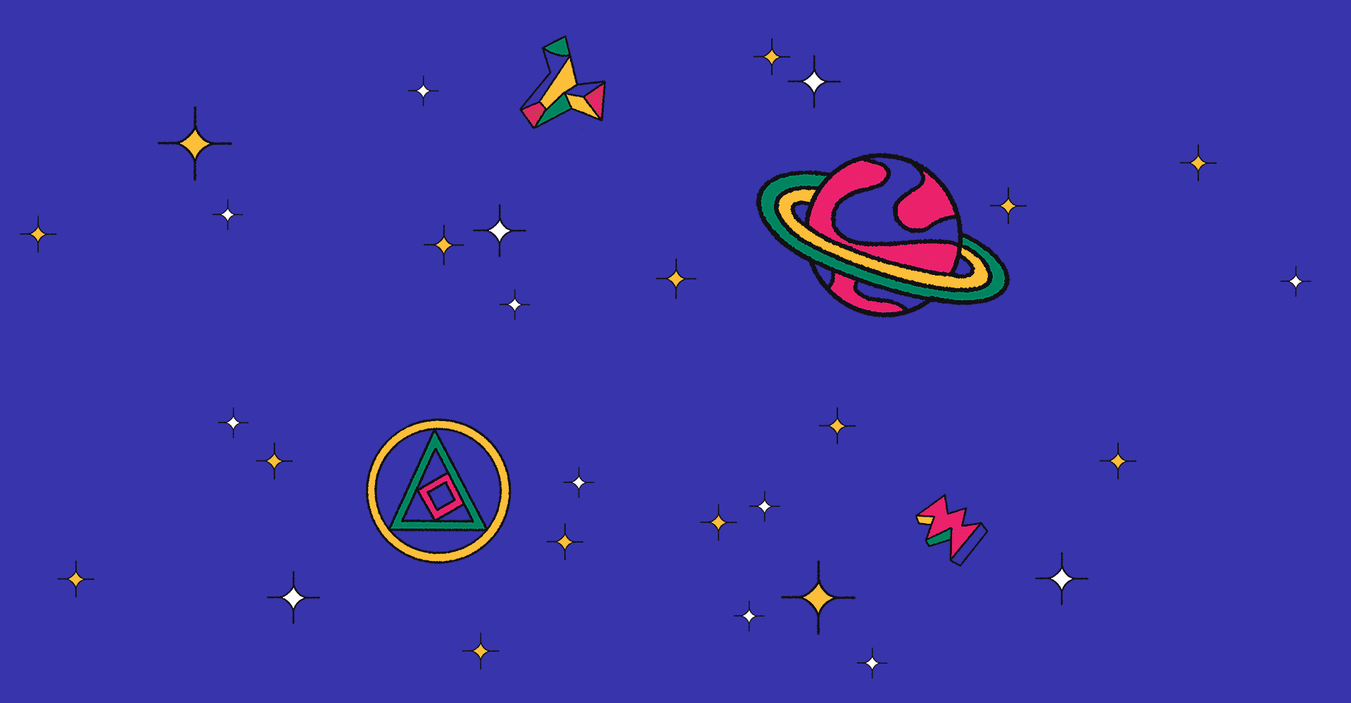 Colorful space-themed illustration with geometric shapes including a party popper, ringed planet, triangle badge, and lightning bolt on a deep blue starry background