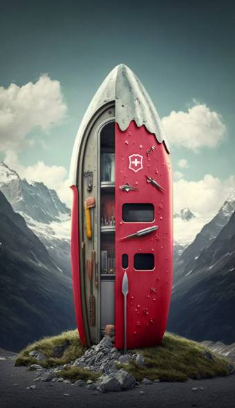 Abstract graphic presenting a swiss knife merged with a boat shaped utility box